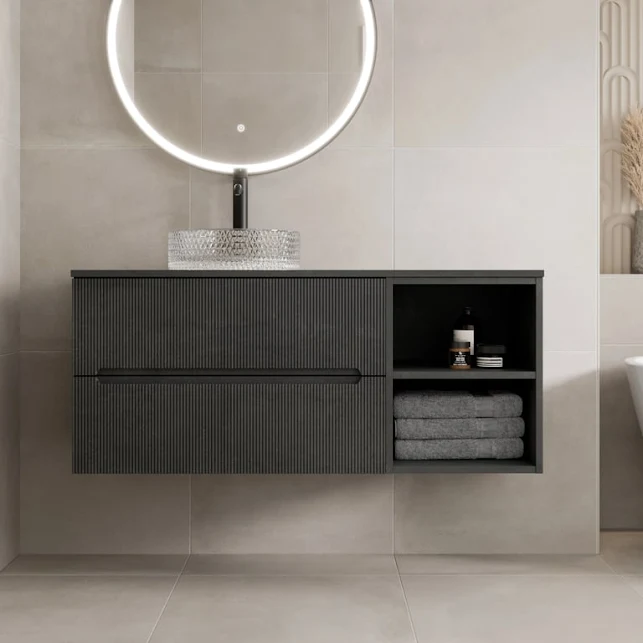vitusso-fluted-black-wall-hung-bathroom-vanity-unit-with-round-glass-basin-1200mm vitusso-fluted-black-wall-hung-bathroom-vanity-unit-with-round-glass-basin-1200mm