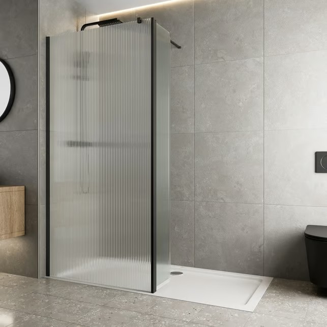 diamond-fluted-walk-in-shower-screen-with-1700-x-700mm-non-slip-tray-hinged-return-8mm-black