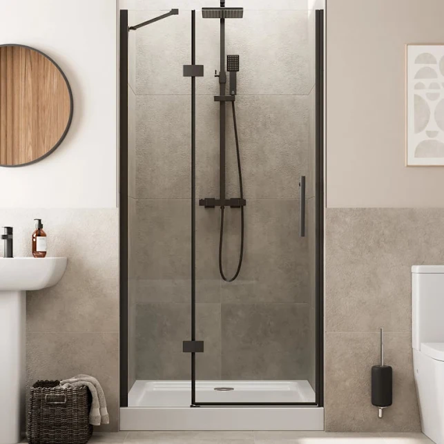 diamond-frameless-hinged-shower-door-1000mm-with-raised-anti-slip-tray-waste-8mm-black diamond-frameless-hinged-shower-door-1000mm-with-raised-anti-slip-tray-waste-8mm-black