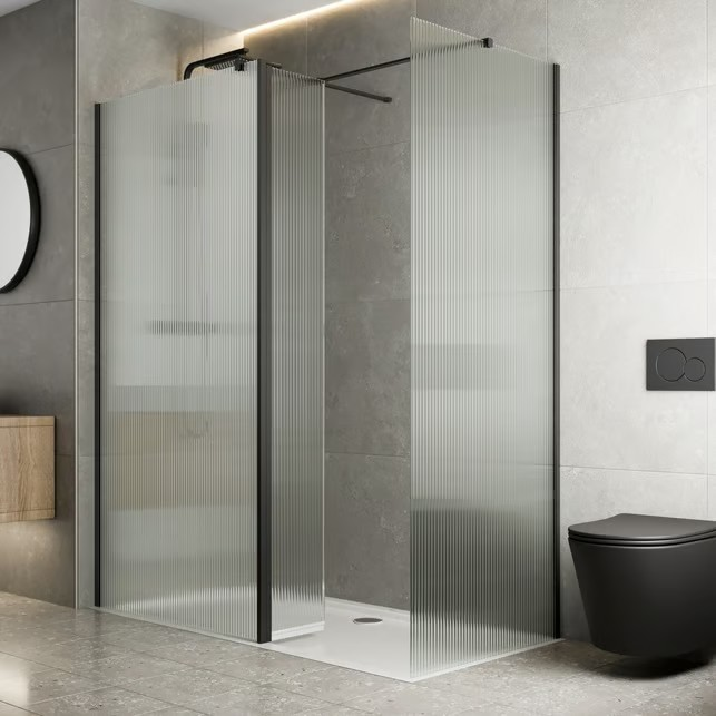 diamond-fluted-walk-in-shower-screens-with-1700-x-700mm-non-slip-tray-hinged-return-8mm-black diamond-fluted-walk-in-shower-screens-with-1700-x-700mm-non-slip-tray-hinged-return-8mm-black