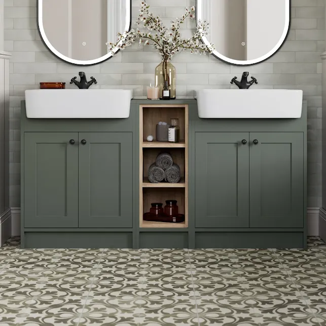 park-lane-winchester-green-double-vanity-unit-with-basins-shelves-1540mm-black-handles park-lane-winchester-green-double-vanity-unit-with-basins-shelves-1540mm-black-handles