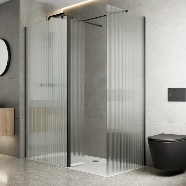 diamond-fluted-wet-room-shower-screen-1200-x-700mm-with-hinged-return-panel-8mm-black diamond-fluted-wet-room-shower-screen-1200-x-700mm-with-hinged-return-panel-8mm-black