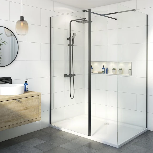 diamond-walk-in-shower-screen-hinged-return-1200mm-with-1700-x-700mm-anti-slip-tray-8mm-black diamond-walk-in-shower-screen-hinged-return-1200mm-with-1700-x-700mm-anti-slip-tray-8mm-black
