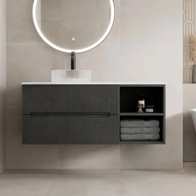 vitusso-fluted-black-white-wall-hung-bathroom-vanity-unit-with-round-glass-basin-1200mm vitusso-fluted-black-white-wall-hung-bathroom-vanity-unit-with-round-glass-basin-1200mm