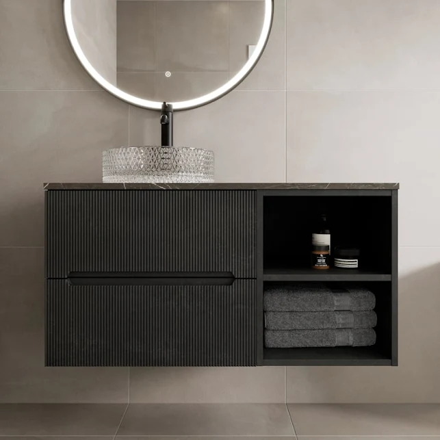 vitusso-fluted-black-grey-wall-hung-bathroom-vanity-unit-with-round-glass-basin-1000mm vitusso-fluted-black-grey-wall-hung-bathroom-vanity-unit-with-round-glass-basin-1000mm