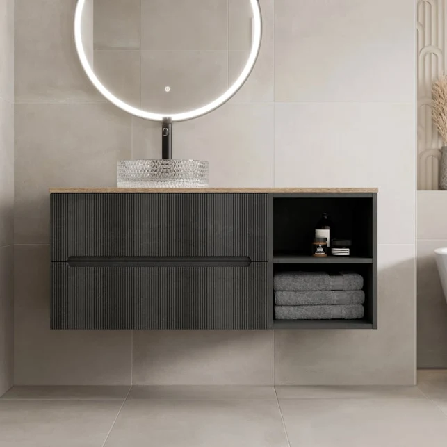 vitusso-fluted-black-oak-wall-hung-bathroom-vanity-unit-with-round-glass-basin-1200mm vitusso-fluted-black-oak-wall-hung-bathroom-vanity-unit-with-round-glass-basin-1200mm
