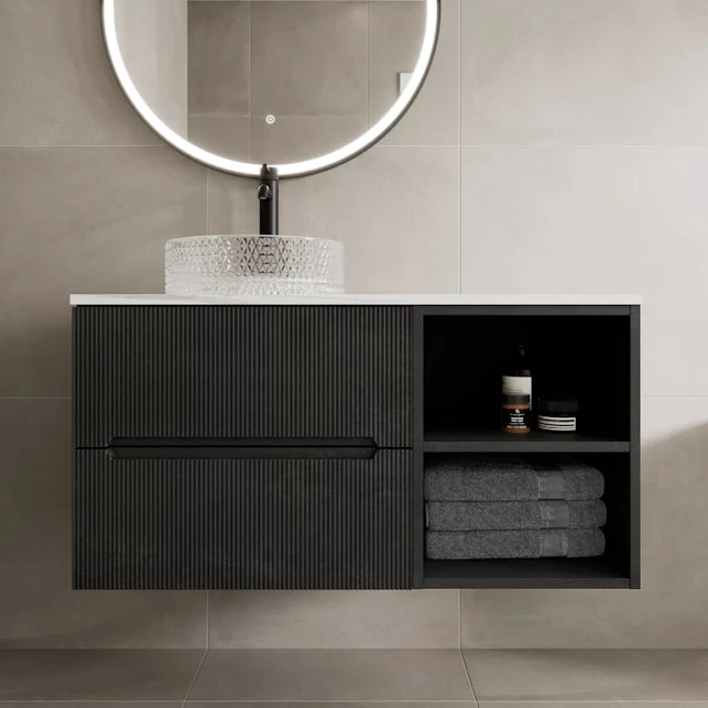 vitusso-fluted-black-white-wall-hung-bathroom-vanity-unit-with-round-glass-basin-1000mm vitusso-fluted-black-white-wall-hung-bathroom-vanity-unit-with-round-glass-basin-1000mm